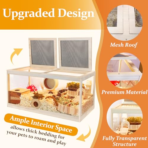 PROLEE Hamster Cage with Metal Mesh Top, Chewproof Wooden Guinea Pig Cages, Mice and Rat Habitat,Large Hamster Cages with Acrylic Sheets Solid Built (24X16X16 Inch) - size: 24.0"L x 16.0"W x 16.0"H