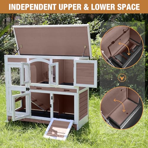 Rabbit Hutch Indoor Bunny Cage Outdoor with Casters, Guinea Pig Cage for Small Animals, Bunny Hutch with Two Plastic Trays 47inch - color: #Brown-Large