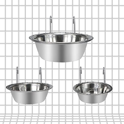 Wontee Pet Food Water Bowl Stainless Steel Hanging Feeder, 3 Pcs, S+M+L | Rust-proof, removable for easy refilling and cleaning, for feeding in cages/kennels/crates, for small dogs/cats/birds/rabbits - size: S+M+L