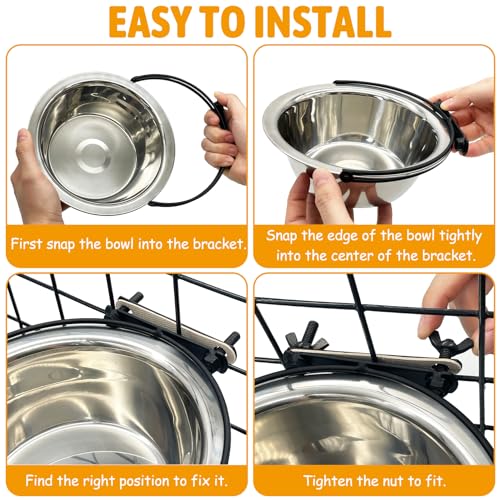 kathson Dog Kennel Bowls for Crates, 3 Pcs Stainless Steel Pet Food Water Bowls with Clamp Holder Hanging Metal Puppy Feeding Dish Cage Coop Cup for Cat Rabbit Ferret Bird (8.5 * 2.7in)