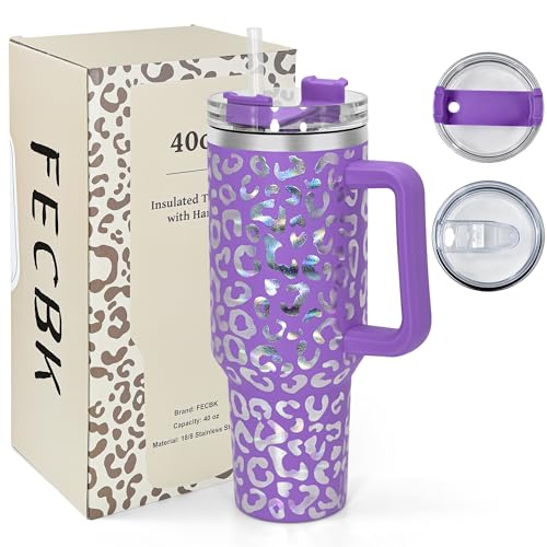 40 oz Tumbler with Handle and Straw, 100% Leak-Proof Travel Mug, Stainless Steel Double Wall Vacuum Insulated Coffee Cup Keeps Cold For 34 Hours, Dishwasher Safe, Purple Leopard - color: Purple Leopard
