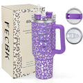 40 oz Tumbler with Handle and Straw, 100% Leak-Proof Travel Mug, Stainless Steel Double Wall Vacuum Insulated Coffee Cup Keeps Cold For 34 Hours, Dishwasher Safe, Purple Leopard - color: Purple Leopard