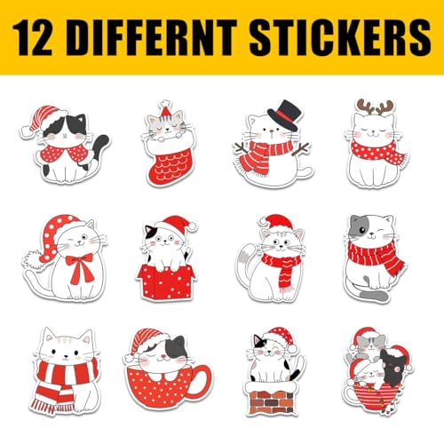 12 Pcs Christmas Cat Stickers Set, Cute Santa Hat Kitty Cup Mug Chimney Box Scarf Sweater Design, Holiday Vinyl Stickers for Laptop, Water Bottle, Phone, Window, Helmet 8 Inches - color: Cat 2, size: 8 Inches