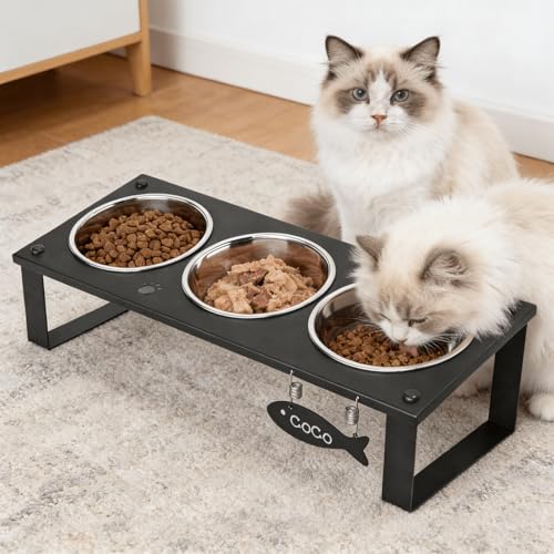 3 in 1 Elevated Cat Bowls with Splash proof Mat for Kittens, Puppies, Multi-pet Households, 10° Tilted Raised Cat Bowls Anti-Vomiting, 3 Wide Shallow Stainless Steel Bowls, Whisker Friendly, 3.5" Tall - color: Black-3bowls