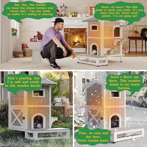 Outdoor Cat House Weatherproof Cats Shelter for Feral Kitten Pet Houses for 1-2 Small Animlas 2 Story Wooden Houses for Indoor Outdoor Cats with Escape Doors (29.7"D x 22.8"W x 35.4"H In) - style: 29.7"D x 22.8"W x 35.4"H In