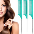 Leinuosen 3 Pack Rat Tail Comb Carbon Fiber,Green | Steel Pin Tail for Sectioning, Heat Resistant Teasing, Pick Comb for Women Wig Styling, Fishtail Design for Salon Updos - color: Green