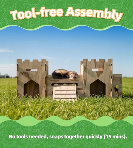 HIIMALEX Extra Large Wooden Bunny Castle House Multistory Climbing Tower Hideout Ventilated Sturdy Habitat for Rabbit Guinea Pig Chinchilla Ferret