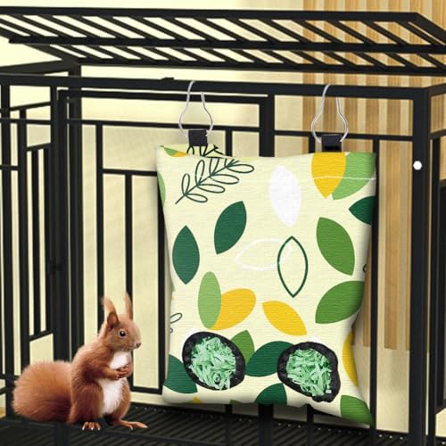 2Pcs 2 Styles Rabbit Hay Bag Feeder for Guinea Pigs Chinchillas 11.6 x 9.1 Inch Hanging Hay Holder with 2 Holes Flowers Leaves Cloth Washable Small Animal Feeding Storage Cage Accessories - color: Flower