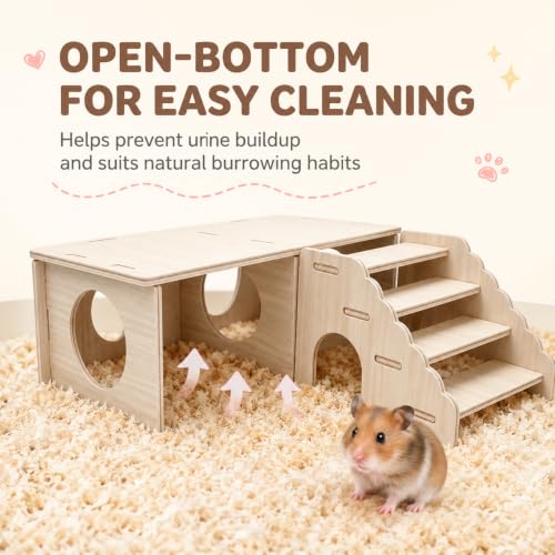 2 Pcs Hamster Hideouts, Wooden 2 Chamber Hideout Tunnel Hamster Platform with Climbing Ladder