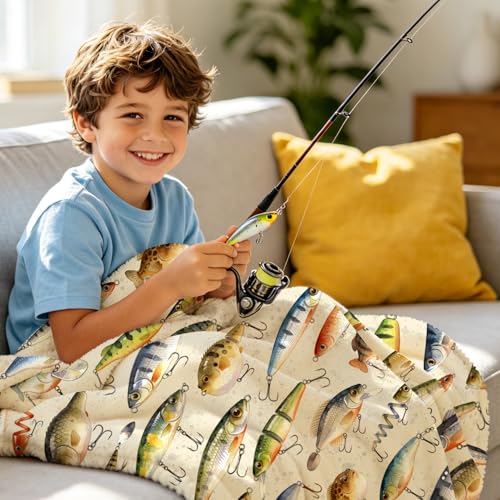 Fish Blanket Ultra Soft Lightweight Flannel Fishing Bait Throw Blankets Fish Blanket Gifts for Room Bed Sofa Decor 50"x40" - color: Beige Fish