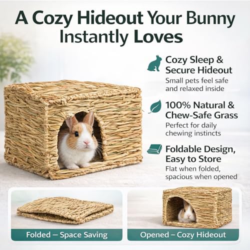 HERCOCCI Extra Large Grass House for Rabbit, Foldable & Comfortable House | Small Animal Hut Play Hideaway Bed Hay Mat Chew Toy For Bunny Guinea Pig Hamster Chinchilla (1 Pack) - color: 1 Pack