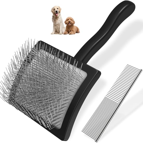 2PCS Slicker Brush for Dogs & Pet Comb,Professional Dog Grooming Brush (Goldendoodles,Poodles,Labradoodles) with Extra Long Pins to Effectively Remove Tangles, Knots and Mats (Black, Large) - color: Black, size: Large