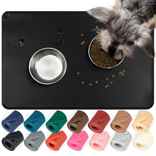 VIVAGLORY Pet Food Mat Flexmat Dog Bowl Mat, L, Black | Non Slip Silicone for Pet Kitten & Doggy, Placemat with Lip for Floor - color: Black, size: L (24.0 x 15.7in)