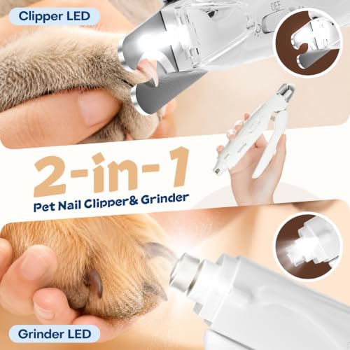 Dog Nail Clippers with Light and Dog Nail Grinder Quiet, Dog Nail Trimmers | 2-in-1 Dog Nail Grinder with Guard,Cat Nail Clipper Trimmer,Silent Professional Pet Nail File Grooming Tool