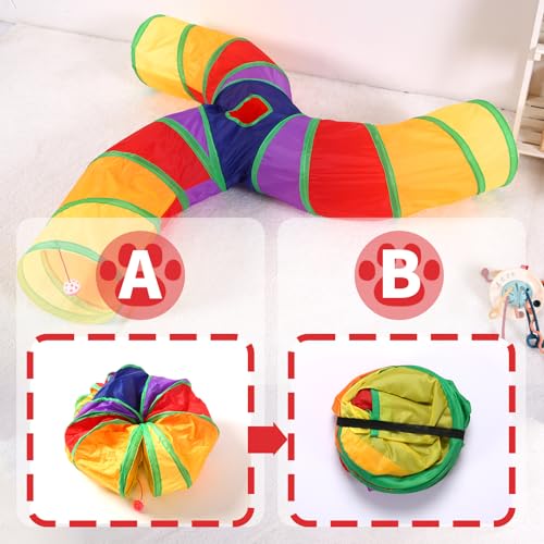 Pet Cat Tunnel, 3 Way Tunnels for Indoor Cats, Collapsible Pet Tunnel for Kitten, Puppy, Rabbit, 25cm-Wide Tunnels, Durable & Breathable, with Peek Hole Toy Ball - color: Angled 3-way Junction Tunnel & Rainbow