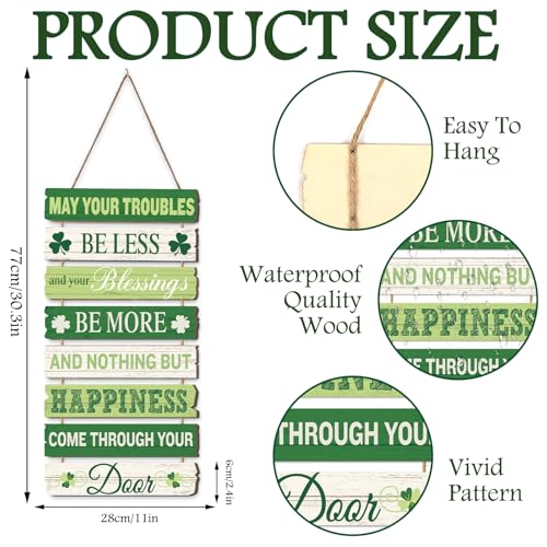 JarThenaAMCS St. Patrick's Day Door Sign Wooden May Your Troubles Be Less Irish Blessing Sign Shamrock Rustic Hanging Wall Decor for Indoor Outdoor Farmhouse Home Party Decor - style: St. Patrick's Day