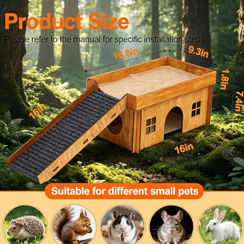 Large Sturdy Bunny House, Guinea Pig Rabbit Hideout Castle | Small Animal House Bed Hut Habitats with Stairs, Sturdy Wooden Guinea Pig Hideout for Hamsters Bunny Chinchillas Hiding - color: Brown