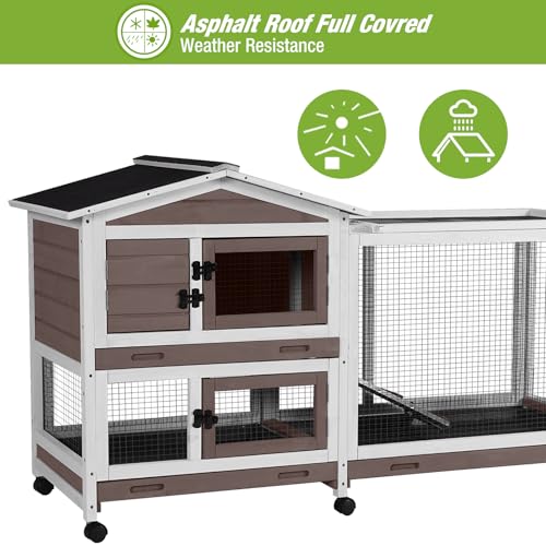 Outdoor Rabbit Hutch Indoor Bunny on Wheels Large Guinea Pig Cage with Run for Any Small Animals,Removable Pull Out Tray White - color: Brown and White