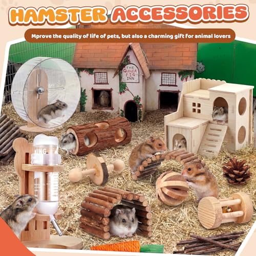 18 Pcs Hamster Cage Accessories, Silent Hamster Wheel 15 Toys Set | Maze Wood House and Water Bottle Set for Rat Mice Small Animals Habitat Decor Enrichment Starters(Natural Log Style) - style: Natural Log Style