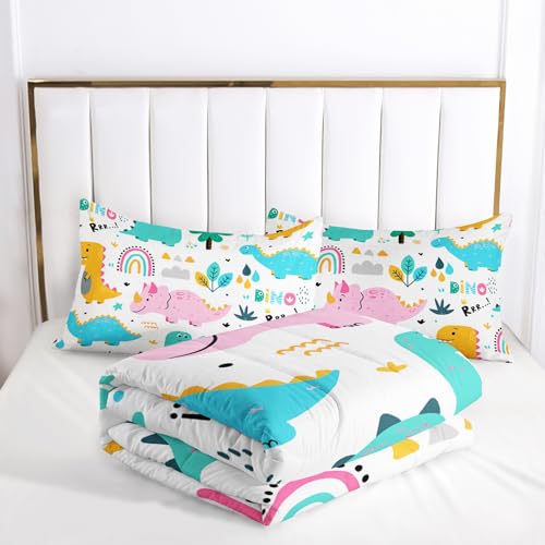 Nttopship Cute Cartoon Dinos Comforter Sets King Size for Kids, Cartoon Dinosaurs and Rainbows Comforter Sets All Season 1 Comforter and 2 Pillowcases - color: Cartoon Dinos, size: King