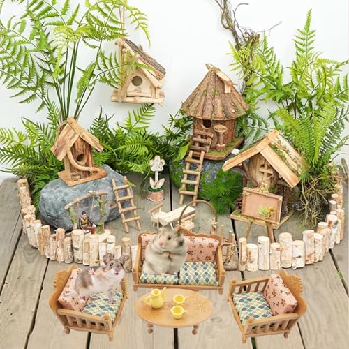 Hamster Mini Sofa Chair, Cage Decor Photo Toys, Fluffy Small Pet Furniture Including Couch and Teatable Tea Cups, Relax Habitat House Accessories