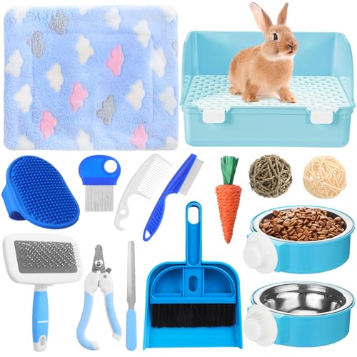 Reallnaive 15 Pcs Rabbit Starter Kit Small Rabbit Litter Box Girls Gift Animal Grooming Kit Bunny Toys Bowl Blankets with Cleaning Set for Guinea Pig Accessories(Sky Blue) - color: Sky Blue
