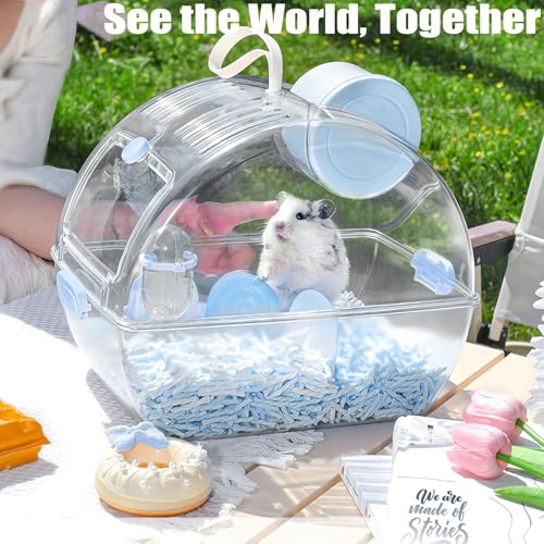 Small Portable Hamster Cages,Big Size(13×8.2×10.8'') Hamster Carrier with Water Bottle,Dwarf Hamster Travel Cage with Storage Box,360º Transparent Acrylic Pet Travel Carrier,Mouse Gerbil Cage(Blue)