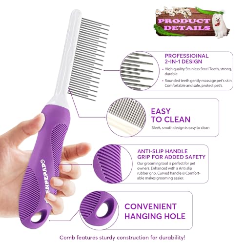 GENPEPADO Grooming Comb for Dogs and Cats with Matted Hair, Detangling Pet Comb with Long and Short Stainless Steel Metal Fine Teeth for Removing Mats, Tangles, Knots & Loose Fur from The Undercoat - color: Purple