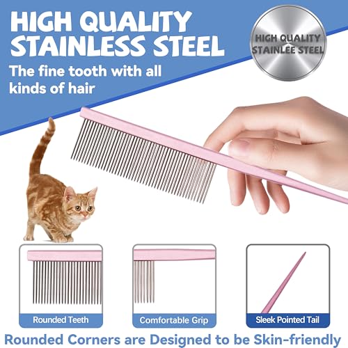 Grooming Pet Comb Rat Tail Dematting Cat and Dog Comb，Rounded Ends Design for Safe Tangle Removal, Hairstyling, Massage，Loose Hair Removal，Prevent Irritation，Fluffing Paws,Face,Tail,Remove Tear Stain - color: Pink