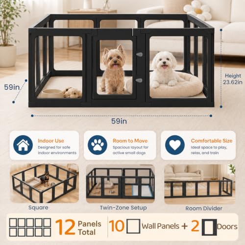Acrylic Dog Playpen with Toilet, Clear Puppy Play Pen Indoor Puppy Play Pen Tool-Free Assembly Detachable Pet Fence Kennel for Small Dog, Cat, Rabbit (24 Inch, 12 Panels, Black) - color: Black