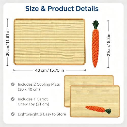 Rabbit Cooling Mat 2 Pack, 11.8x15.74in/30x40cm | With Chew Toy, Breathable Small Animal Bed, For Rabbits, Guinea Pigs & Hamsters, Non Toxic, Chew Resistant - size: 30x40cm