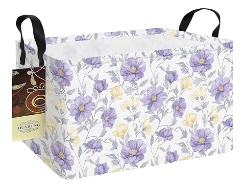 Rectangle Foldable Storage Basket Handles For Home, Purple Flowers | Waterproof canvas material, reinforced handles, perfect for shelf use, organizes clothes, daily items and pet supplies - color: REC-Purple Flowers