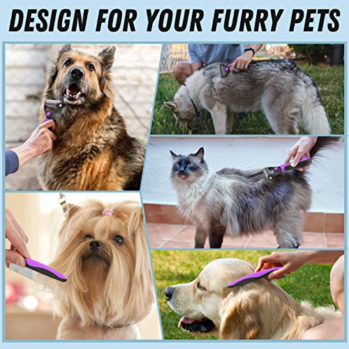 Docrok Pet Grooming Brush and Metal Comb Combo - Undercoat Rake for Dematting and Deshedding Long Matted Haired Dogs and Cats, Purple | Dematting Deshedding Undercoat Rake, Cat Brush Dog Brush Shedding Tool for Long Matted Haired Pets - color: Purple