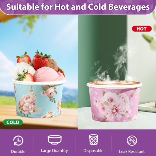 120Pcs 12oz Summer Ice Cream Cups for Hot or Cold Food | Vintage Flower Dessert Bowls Disposable Butterfly Large Snack Cups for Sundae Treat Floral Baby Shower Wedding Party Supplies - style: Retro Floral Ice Cream Cups