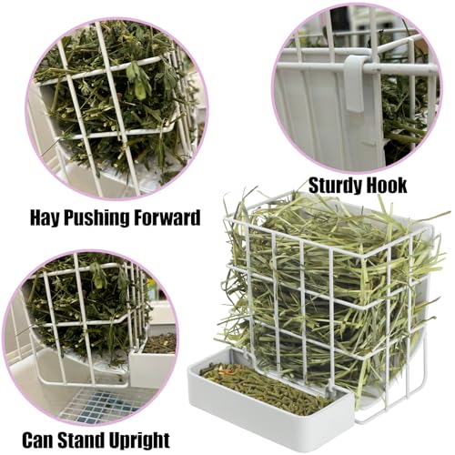 Rabbit Hay Feeder Guinea Pig Hay Feeder, Hay and Food Holder with Hook Heavy-Duty Metal Frame Hay Rack，for Bunny, Guinea Pigs,Chinchillas， Comes with Two Multifunctional Zippers-6.8x6.7x6.6inch - color: White, size: 1 piece Small