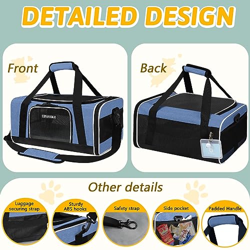 Small Pet Carrier 17" L x 11" W x 9.5" H Airline Approved, Blue | for Alaska Airlines, Lockable Safety Zippers and Anti-Scratch Mesh, Pets Under 10 lbs - color: Blue, size: 17.0"L x 11.0"W x 9.5"H