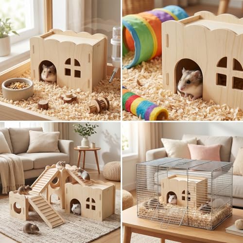 Wood Hamster Hideout, Wooden Hamster Hideout House Chew-Safe | Hamster Explorer for Gerbils Hamsters Small Pets