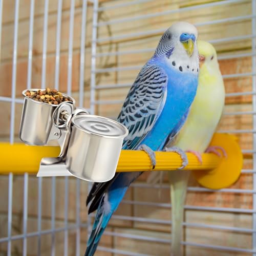 Tioncy 2 Pcs Clip on Water Bowl for Birds Parrot Feeding Double Cups Dishes Hanging Stainless Steel Food Water Bowls with Clip Pet Animal Feeder Cup Holder for Cage Coop Perches Play Stand Accessories
