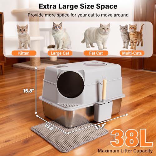 Stainless Steel Litter Box with Lid,Extra Large Enclosed cat Litter Box | Enclosed Metal litterbox with Flip Top,Front and Top Entry,Anti-Leakage,Easy Cleaning,Includes Scoop & Mat - color: Enclosed-XL