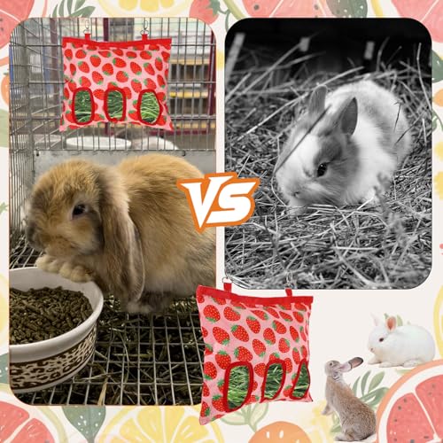 Guinea Pig Hay Feeder, 3 Hole Washable Hanging Hay Bag for Rabbits | Hay Holder for Guinea Pigs Rabbits Chinchilla Hamster Bunny Small Pets and Animal, Strawberry Pattern, 13x10.8inch - color: 3-hole strawberry