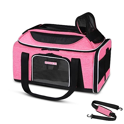 Top-Expandable Small Pet Carrier 17"x12"x8.5" Airline Approved | for JetBlue/Frontier/Spirit Airlines, Lockable Safety Zippers and Anti-Scratch Mesh, Soft-Sided, Pets Under 8 Lbs, Pink - color: Pink, size: 17.0"L x 12.0"W x 8.5"H
