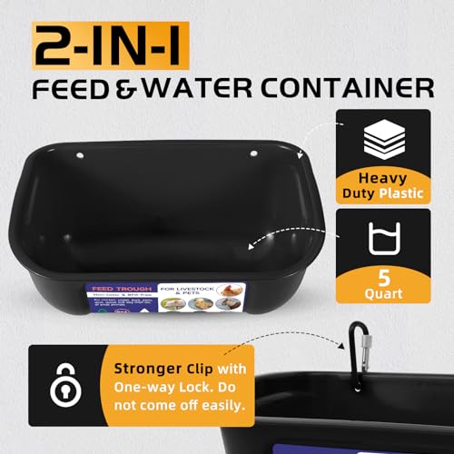 Goovilla Chicken Feeder Waterer, Hanging or Screw-in, 2 Pack 5 Quart, Black | With Clips and Screws, Goat Feeding Supplies, Duck Piglet Sheeple Coop Dog Livestock Poultry Plastic Feeder Trough Bucket - color: Black, size: 5 Quart