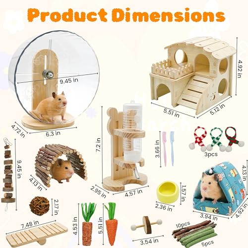 32 Pcs Hamster Cage Accessories, Silent Hamster Wheel, 22 Chew Toys Set, Wooden Hideout, Fleece House, Water Bottle Set, Ceramic Food Bowl for Rat Mice Small Animals Habitat Decor