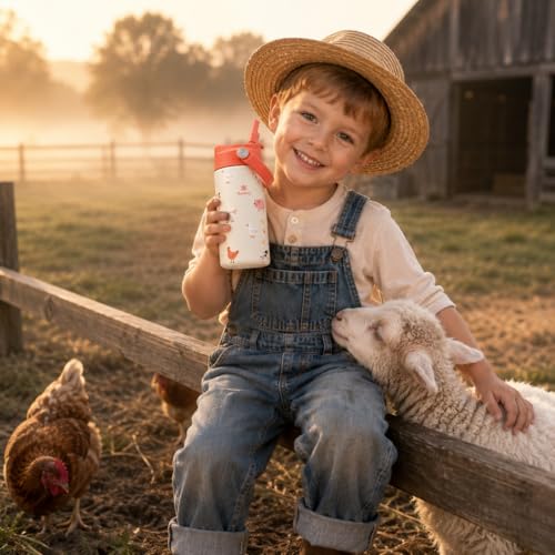 KEWIXY 14 oz Water Bottle with Straw, Easy Slide Lid, Leak Proof, Keep Cold 24H, Vacuum Insulated, Metal Stainless Steel with Handle for School, Farm Friends - color: Farm Friends, size: 14 Ounces
