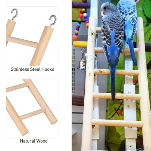14.7 Inch Bird Ladder for Parakeets and Cockatiels, 8-Step Natural Wood Parrot Climbing Toy with Stainless Steel Hooks - Safe Chewing Cage Accessory