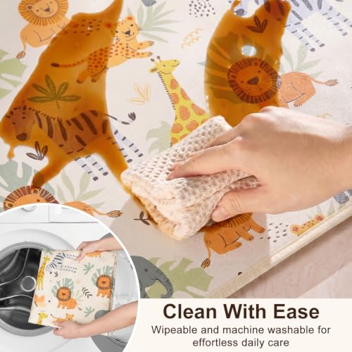 Basumee Splat Mat for Under High Chair, Waterproof & Mess-Proof Floor Mat | 46"×42" Baby Splash Mat, Non Slip Bottom, 4-Layer Fabric, Food & Liquid Catcher, Machine Wash for Boy Girl, Meals, BLW, Craft - color: Beige Savanna Animals, size: 46x42 Inches
