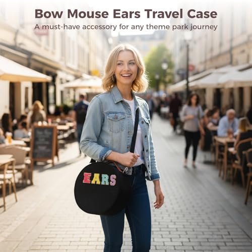 OMISTAR Bow Mouse Ears Travel Bag, Theme Park Headband Carry Case with Top Handle & Shoulder Strap, Round Black Travel Shoulder Bag, Felt Cosmetic Organizer with Clear Window