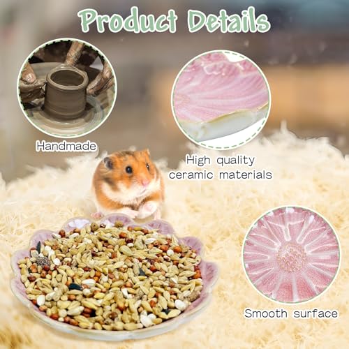 BNOSDM Shallow Ceramic Hamster Food Dish 2 Pcs Small Animals Food Bowl Sunflower Feeding Dishes for Gerbils Mice Rats 4.5in (Pink) - color: Pink Sunflower