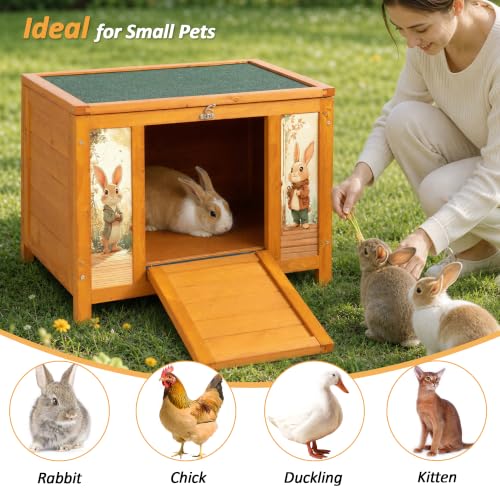 24" Outdoor Rabbit Hutch and Small Cat House for Small Animals | Openable waterproof roof, raised floor, lockable fold-down ramp door, sheltered resting area for guinea pigs, chicks and pets