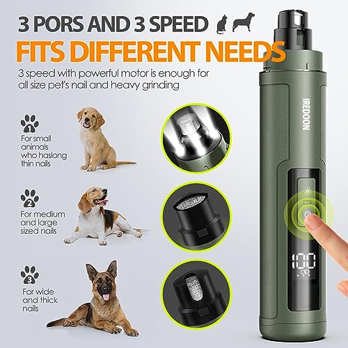 Dog Nail Grinder with 4 LED Lights, 3 Speeds Super Quiet for Pets | Low Vibration,Electric Pet Nail Grinder, Professional Painless Paw Grooming & Smoothing for Small to Large Dogs Cats(Green) - color: Matte Green